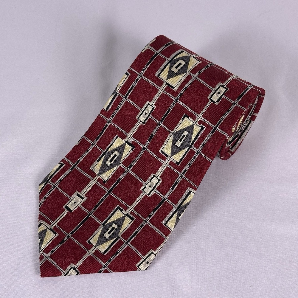 Paul Fredrick Silk Tie Vintage Red Gold Black Geometric Handmade in USA 4"W 56"L
